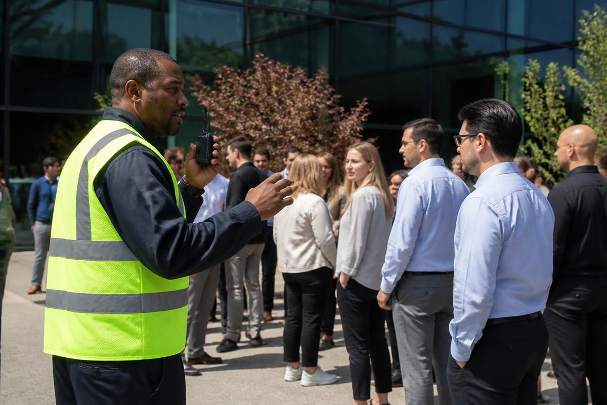 Security officer coordinating an evacuation assembly point