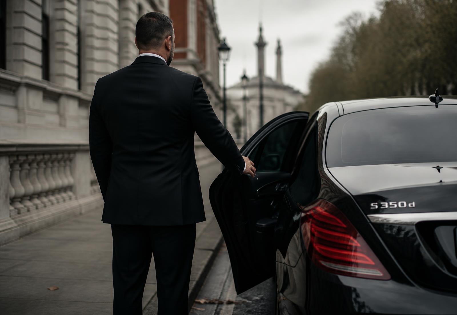 Security driver opening the door of an executive vehicle