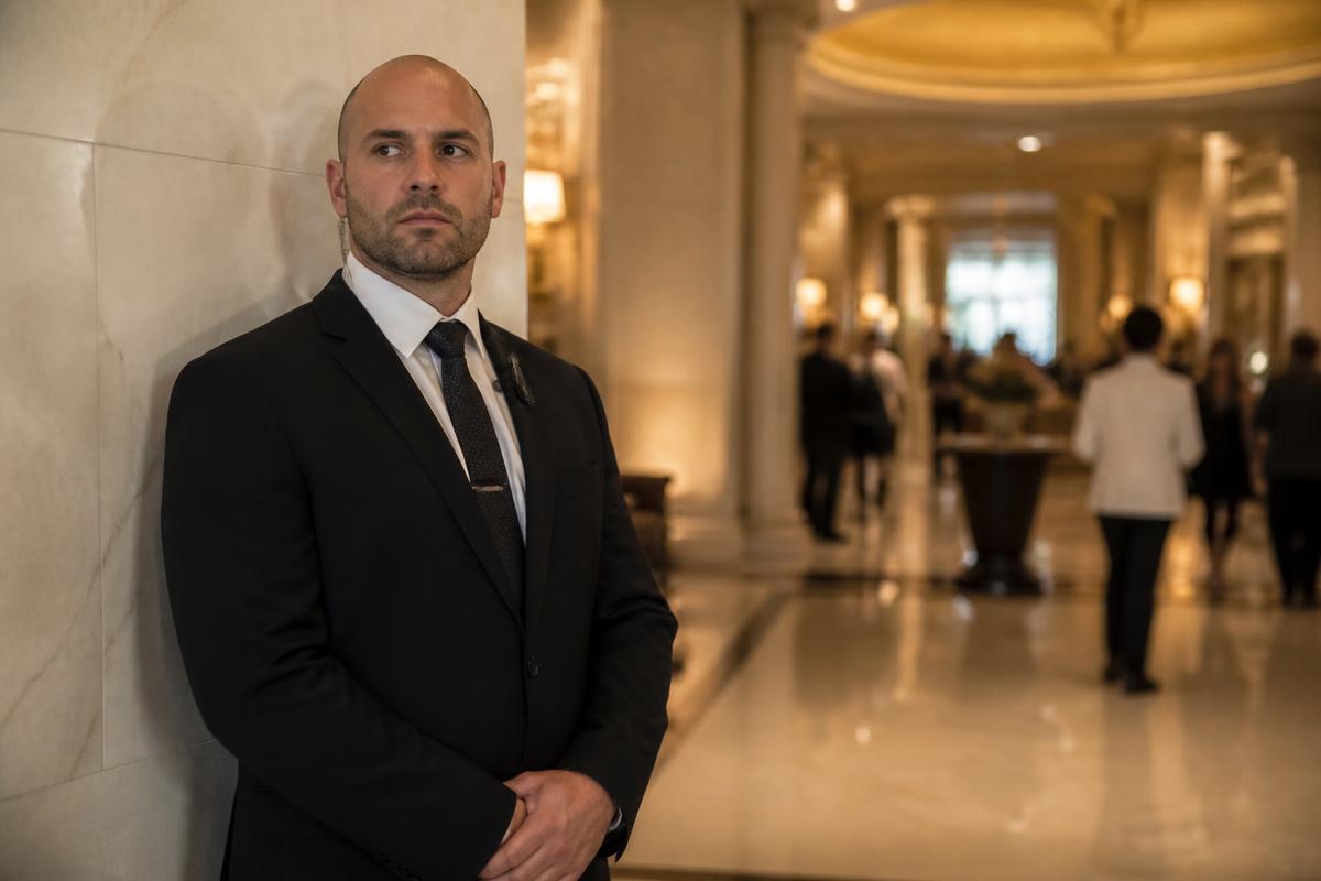 Discreet security professional in a luxury hotel lobby