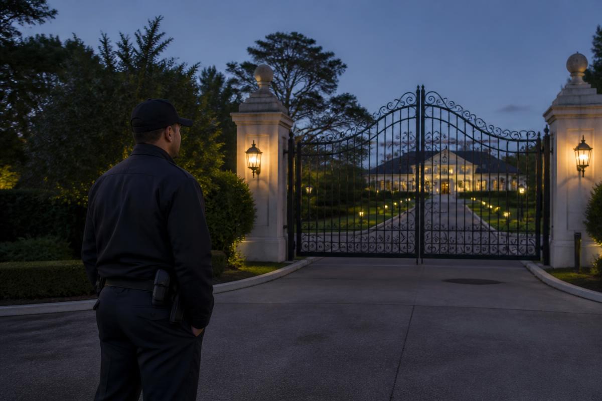 Security officer monitoring the gated entrance of a private estate