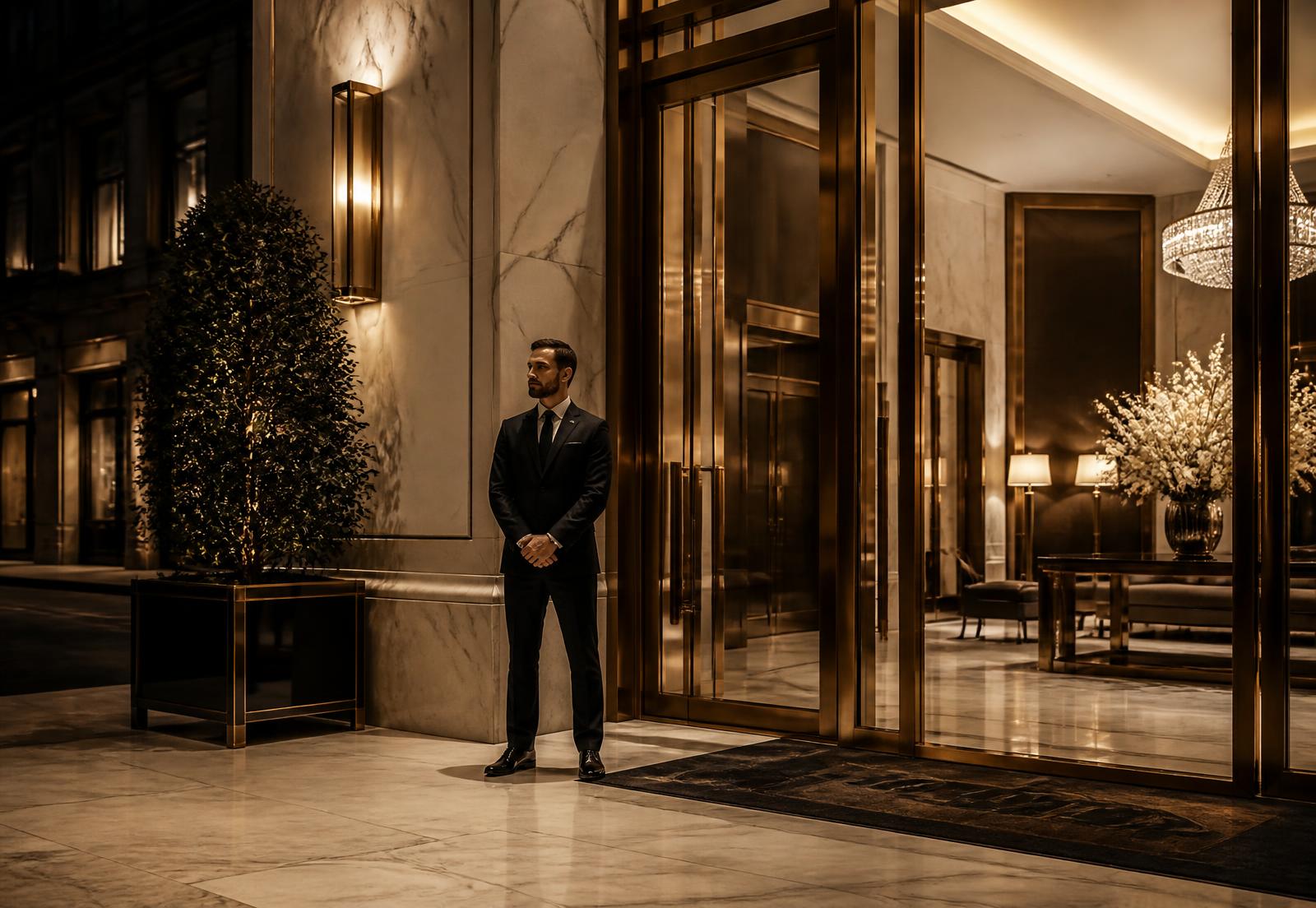 Discreet security professional at the entrance of a luxury hotel