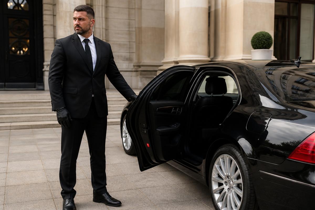 Security chauffeur opening the door of an executive saloon car